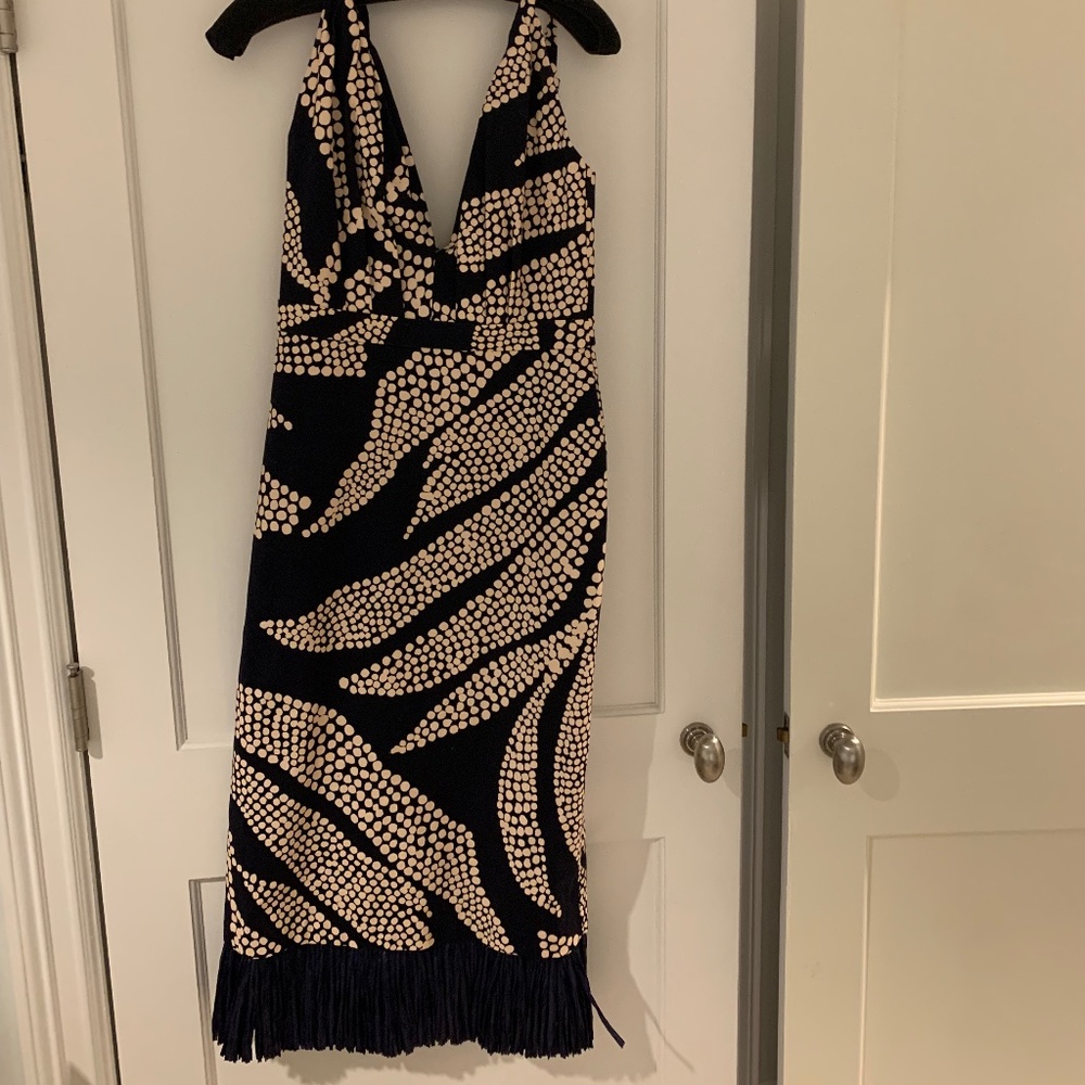 Johanna Ortiz Navy dress with raffia bottom, never worn with tags still on